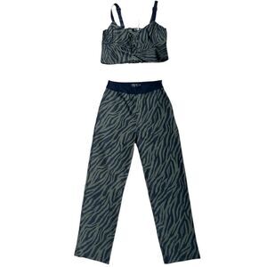 BALBOA Two Pieces Green Military Print, Top Crop Sleeveless Pant High Waisted L